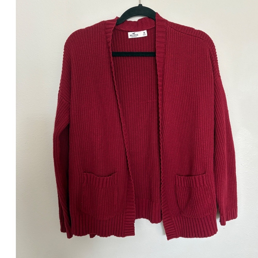 Hollister Burgundy Knit Cardigan Sweater Women's Size Medium Open Front Pockets